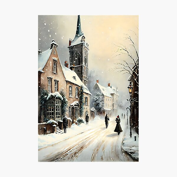 Item preview, Victorian Christmas Vintage Scene Snowing in a Quaint European Village on Christmas Eve designed and sold by CGSGraphics.