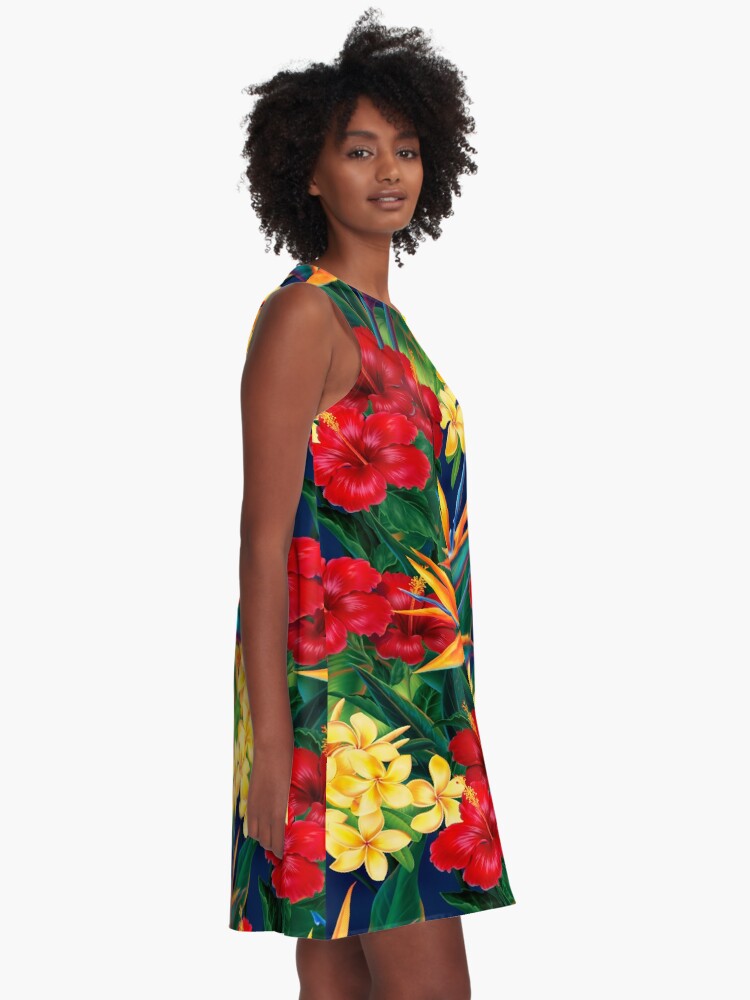 Alternate view of Tropical Paradise Hawaiian Birds of Paradise Illustration A-Line Dress