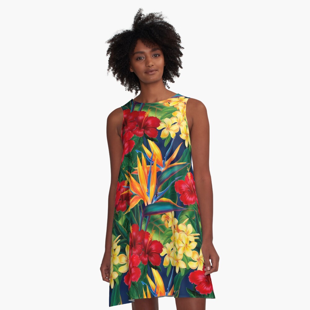 Tropical Paradise Hawaiian Birds of Paradise Illustration A-Line Dress