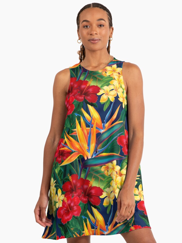 Tropical Paradise Hawaiian Birds Of Paradise Illustration Hawaii A-Line Dress
