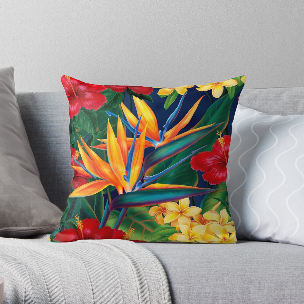 Tropical Paradise Hawaiian Birds of Paradise Illustration Throw Pillow