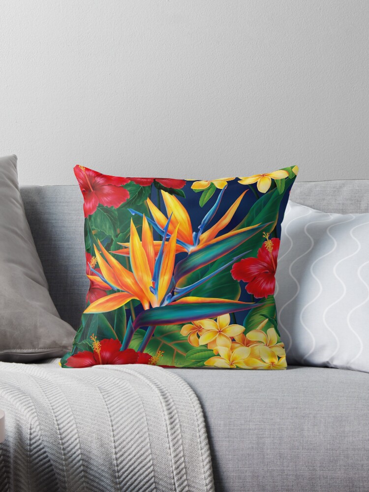 Throw Pillow, Tropical Paradise Hawaiian Birds of Paradise Illustration designed and sold by DriveIndustries