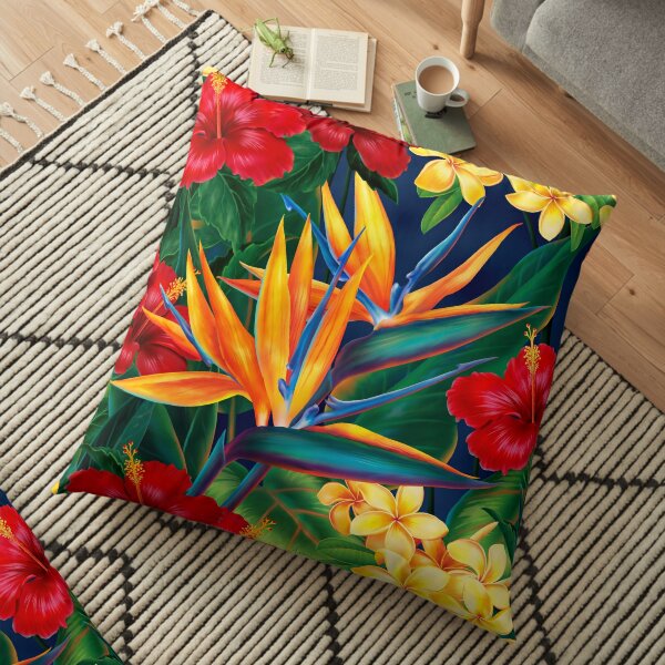 Tropical Paradise Hawaiian Birds of Paradise Illustration Floor Pillow