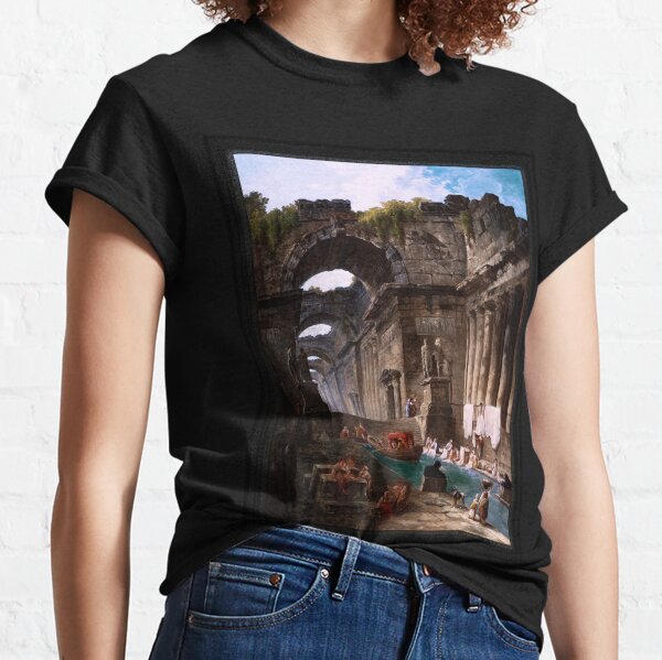 Ruins Of A Roman Bath With Washerwomen by Hubert Robert Classic T-Shirt