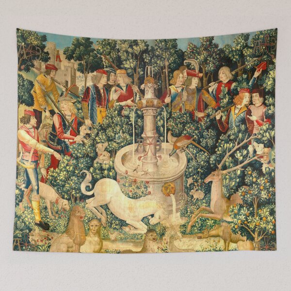 Item preview, The Unicorn Purifies Water with its horn (from the Unicorn Tapestries) Mystical vintage medieval textile. La licorne purifie l'eau avec sa corne (d’après les tapisseries de licorne) designed and sold by MagicStrawberry.