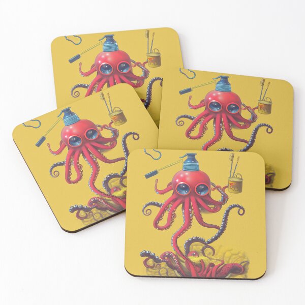 Item preview, Red octopus cleans up, yellow background designed and sold by Rebelka.