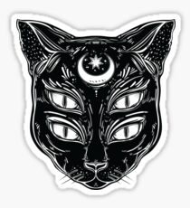 Black cat head portrait with moon and four eyes. Sticker