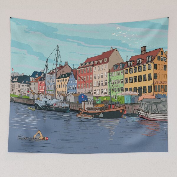 Aperçu de l'œuvre Nyhavn Copenhague Danemark Illustration créée et vendue par Wall-Art-Sketch.