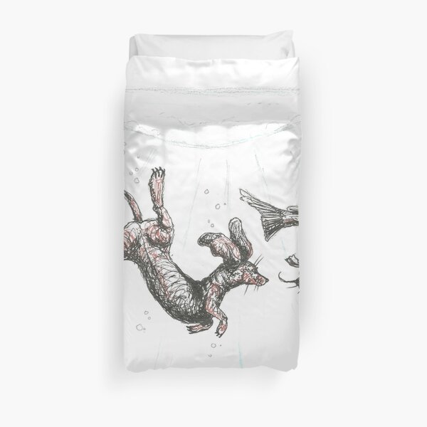 Dachshund underwater. Sausage dog swimming with cat fish, illustration. Duvet Cover