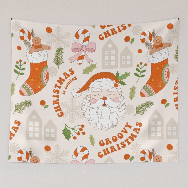 Item preview, Retro vintage Christmas pattern with groovy Santa Claus, smile face, holly, stocking, spruce, slogan text and abstract elements. designed and sold by CoCoArt-Ua.