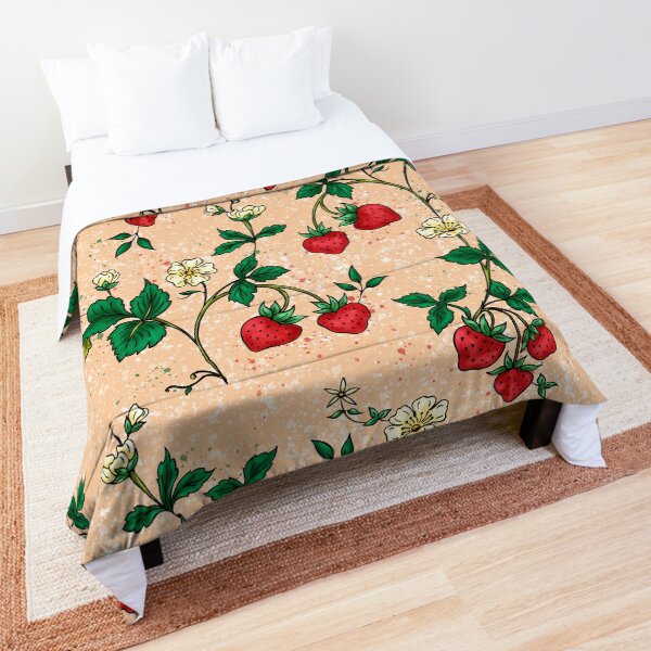 Bold strawberry and flowers botanical pattern on peach Comforter