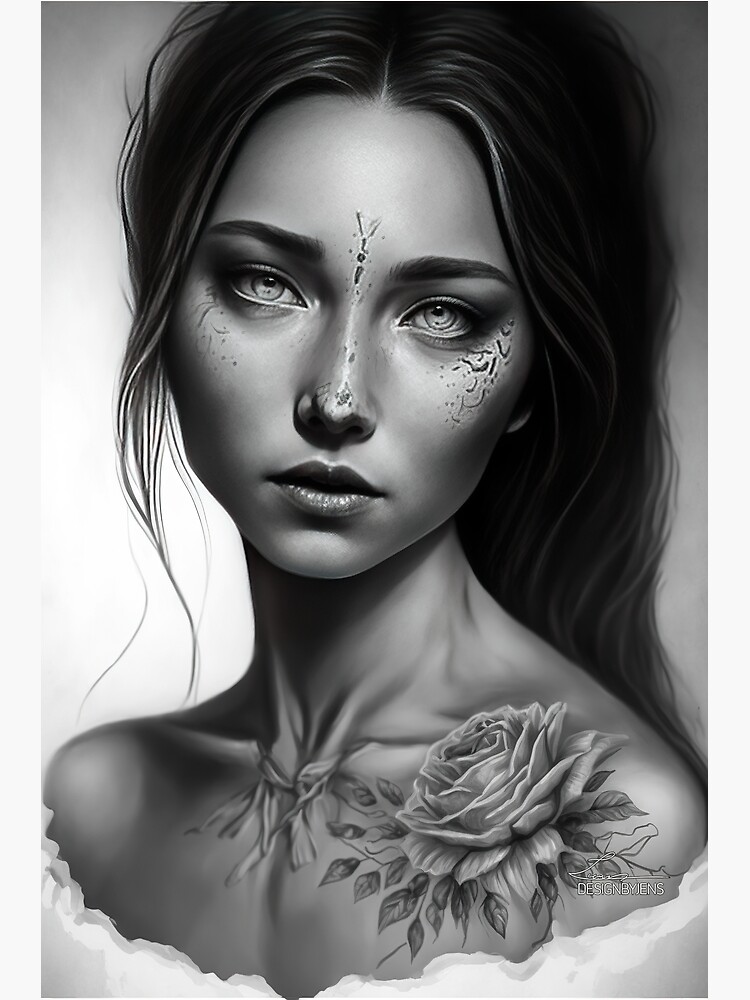 Warrior Woman Portrait with Flowers Tattoo Design – Tattoos Wizard Designs