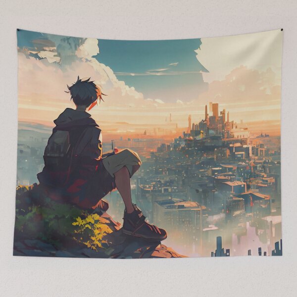 Item preview, Abstract Anime Boy Looking Over a Geometric City Digital Painting designed and sold by CodeAndColors.