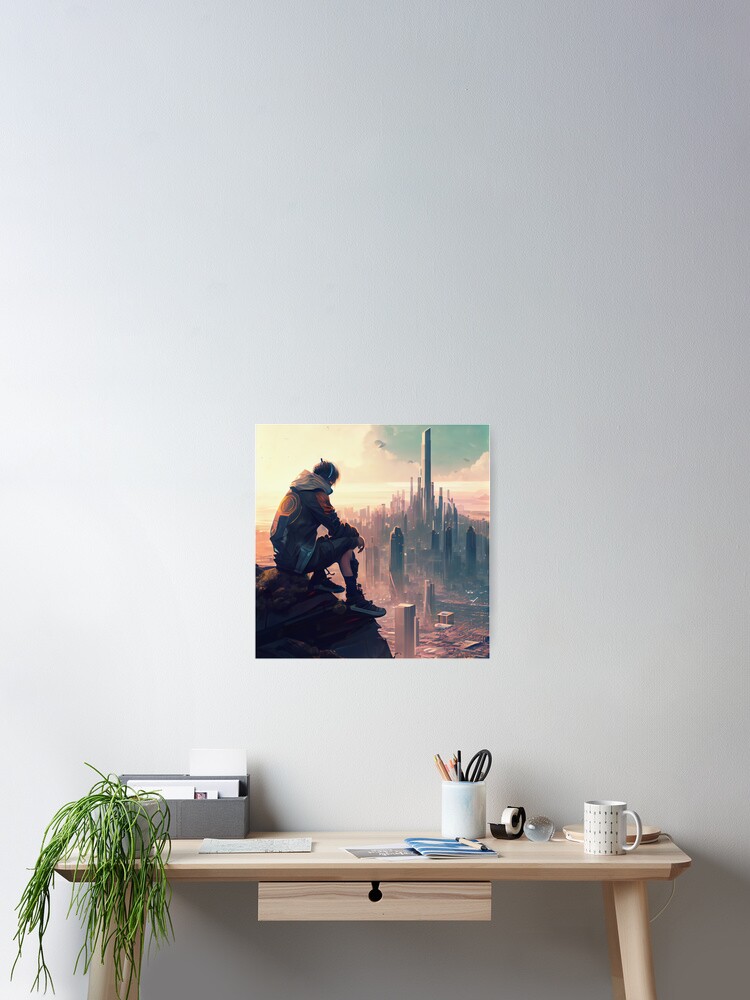 Imagen 2 de 3, Póster con la obra Anime Boy Looking Over a Beautiful Cityscape Digital Painting, diseñada y vendida por CodeAndColors.
