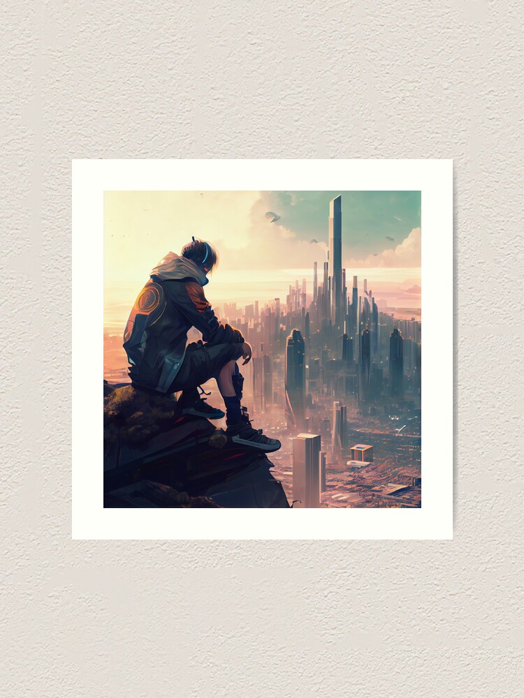 Thumbnail 1 von 3, Kunstdruck, Anime Boy Looking Over a Beautiful Cityscape Digital Painting designt und verkauft von CodeAndColors.