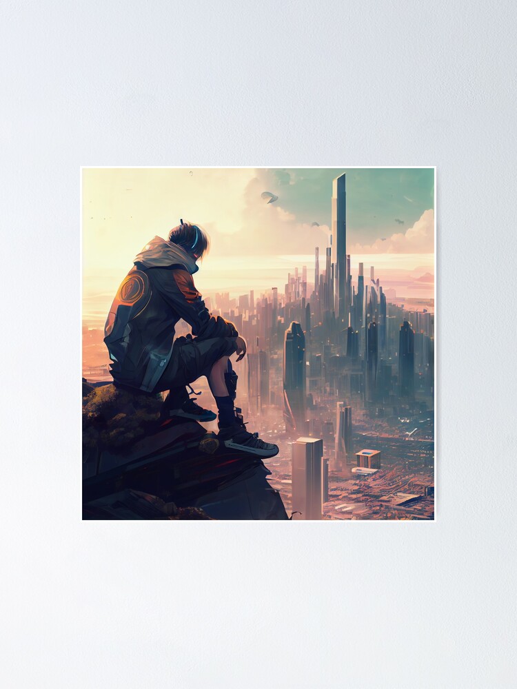 Thumbnail 1 von 3, Poster, Anime Boy Looking Over a Beautiful Cityscape Digital Painting designt und verkauft von CodeAndColors.