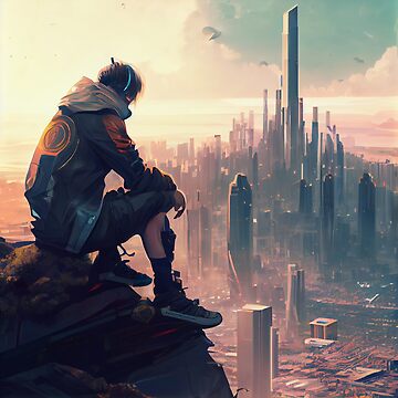 Imagen de la obra Anime Boy Looking Over a Beautiful Cityscape Digital Painting de CodeAndColors