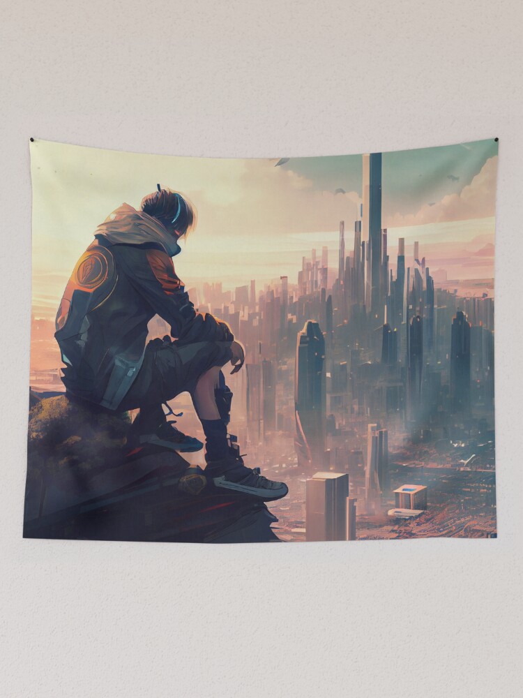 Aperçu 2 sur 3. Tentures avec l'œuvre Anime Boy Looking Over a Beautiful Cityscape Digital Painting créée et vendue par CodeAndColors.