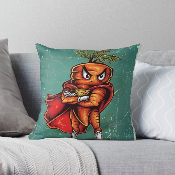 Superhero Angry Carrot Foodie Trading Card Throw Pillow