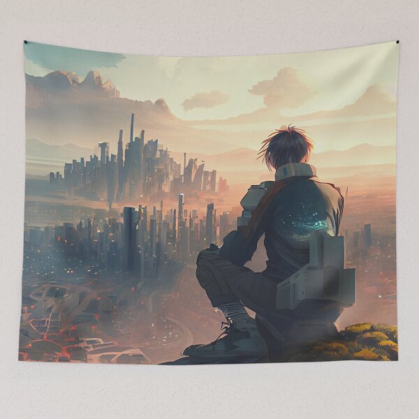 Item preview, Anime Boy Looking Over a Cyberpunk City Digital Painting designed and sold by CodeAndColors.