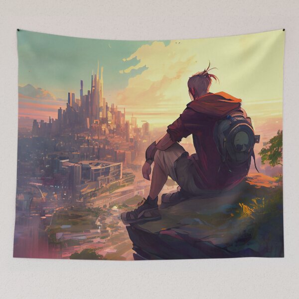 Item preview, Anime Boy Looking Over a Distant City Digital Painting designed and sold by CodeAndColors.