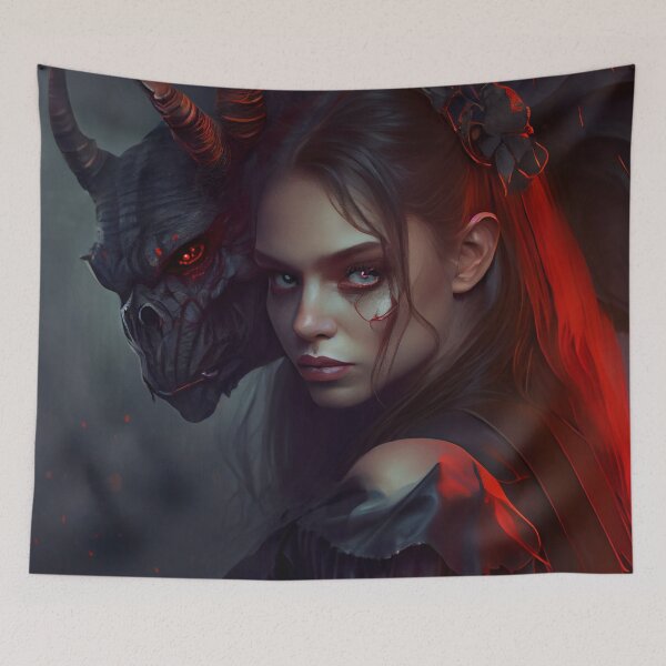 Item preview, Beautiful Evil Girl with Demon Digital Painting designed and sold by CodeAndColors.