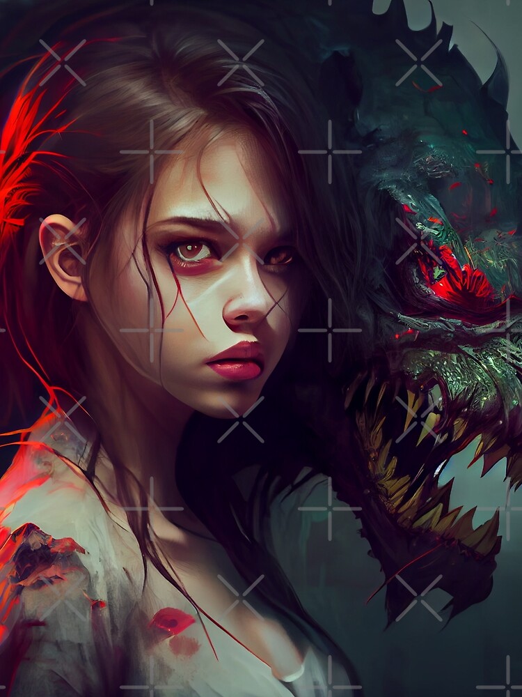 Thumbnail 3 von 3, Tuch, Brunette Girl with Pet Demon Digital Painting designt und verkauft von CodeAndColors.