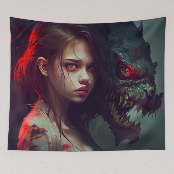 Item preview, Brunette Girl with Pet Demon Digital Painting designed and sold by CodeAndColors.