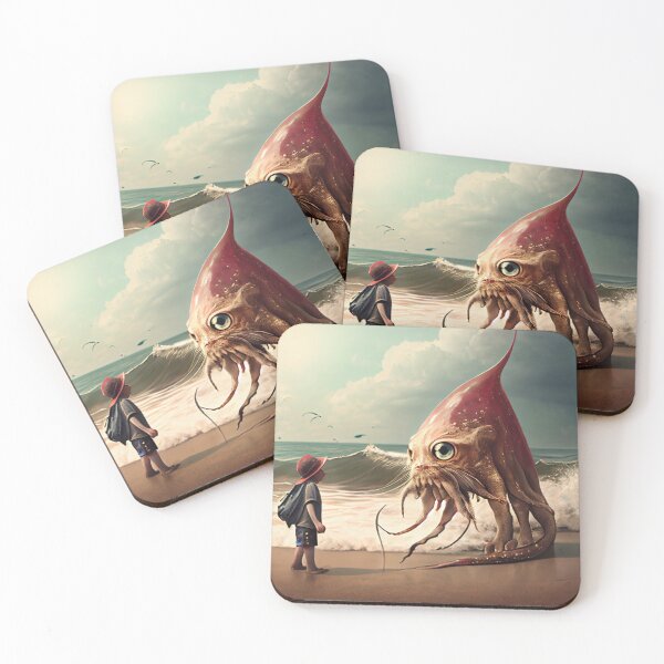 Item preview, Cat and Squid Hybrid Meeting a Child on the Beach Digital Painting designed and sold by CodeAndColors.