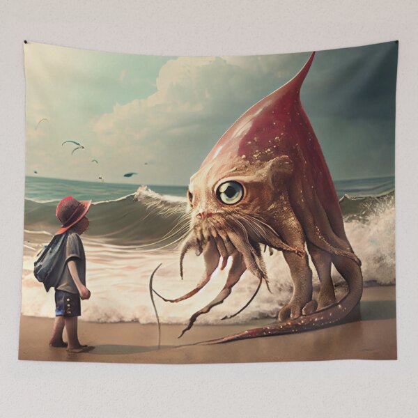 Item preview, Cat and Squid Hybrid Meeting a Child on the Beach Digital Painting designed and sold by CodeAndColors.