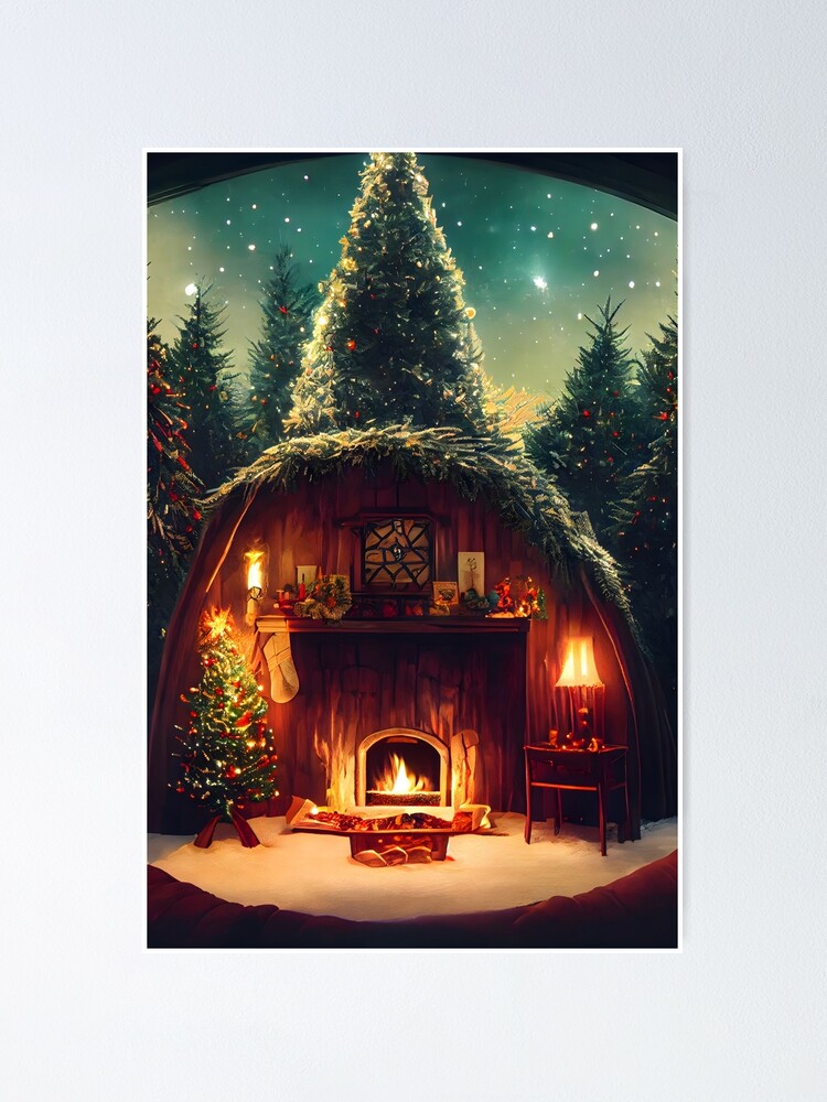 Warm Realistic Christmas Tree and Fireplace Painting Anime Style