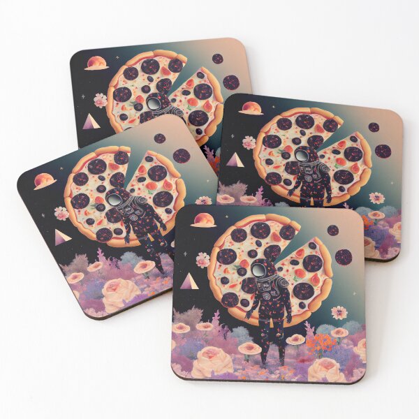 Item preview, Black spacesuit astronaut in a strange unknown planet with flowers and pizza designed and sold by ladarkepoque.