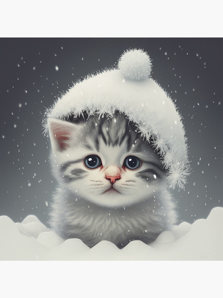 Adorable Fluffy Kitten In Santa Hat Made Of Snow