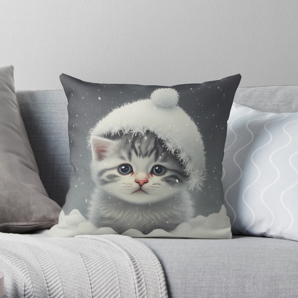 Adorable Fluffy Kitten In Santa Hat Made Of Snow | Pillow