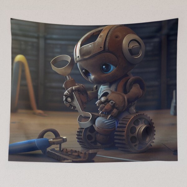 Item preview, Cute Baby Robot Playing with a Wrench Digital Painting designed and sold by CodeAndColors.