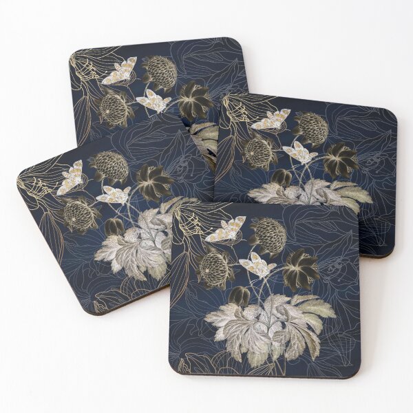 Item preview, Beautiful Metallic Gold And Silver Flowers & Moths On A Blue Black Floral Background  designed and sold by Flowerartlovers.