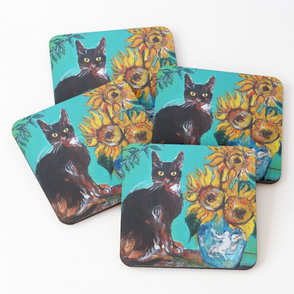 Item preview, SUNFLOWERS WITH BLACK CAT IN BLUE TURQUOISE YELLOW COLORS by Bulgan Lumini designed and sold by BulganLumini.