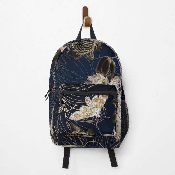 Item preview, Beautiful Metallic Gold And Silver Flowers & Moths On A Blue Black Floral Background  designed and sold by Flowerartlovers.