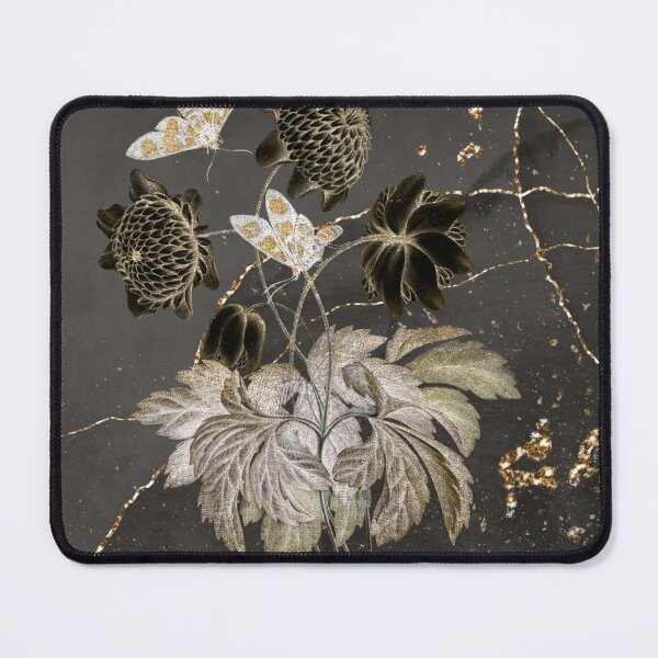 Item preview, Beautiful Metallic Gold And Silver Flowers & Moths On A Golden Vein Black Marbled Background  designed and sold by Flowerartlovers.