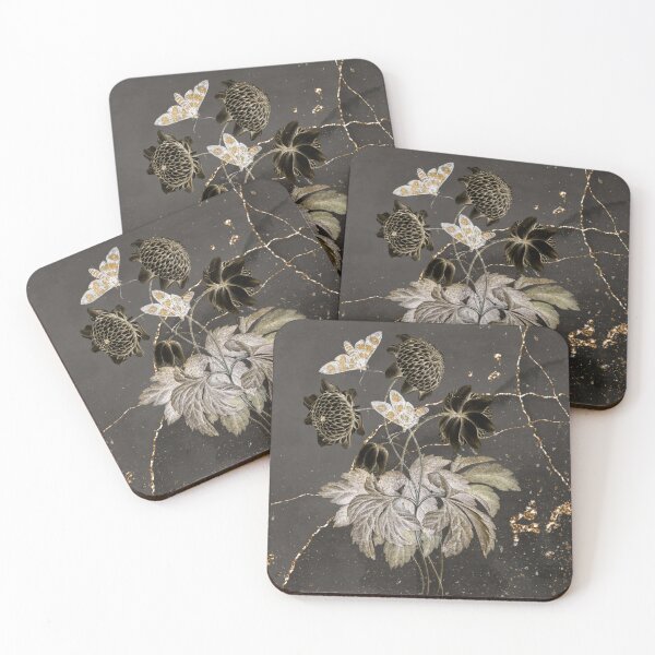 Item preview, Beautiful Metallic Gold And Silver Flowers & Moths On A Golden Vein Black Marbled Background  designed and sold by Flowerartlovers.