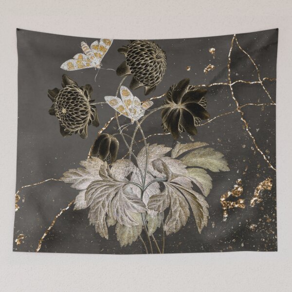Item preview, Beautiful Metallic Gold And Silver Flowers & Moths On A Golden Vein Black Marbled Background  designed and sold by Flowerartlovers.