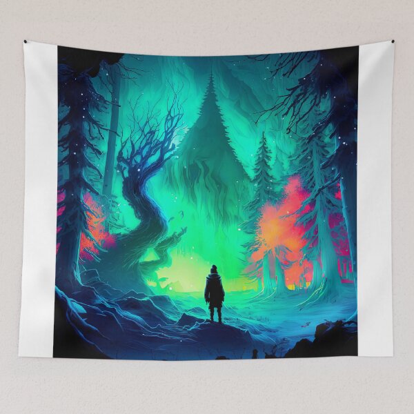 Item preview, Magical ice forest with aurora borealis in the arctic and magic between rocks and mountain designed and sold by Paraverse.