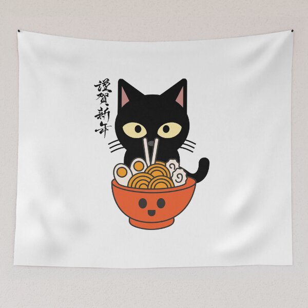 Item preview, Japenese Black Cat eating Ramen Spaghetti design  designed and sold by t1n3333.