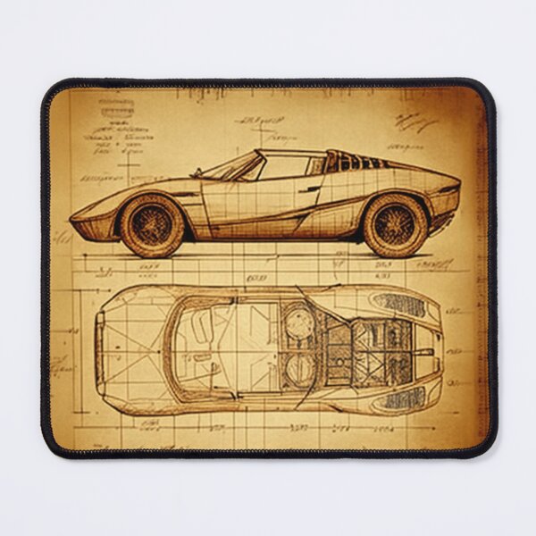 Item preview, Cabriolet two-seater fast sports car technical drawing with measurements and calculations in Leonardo da Vinci style designed and sold by ArtifactVault.