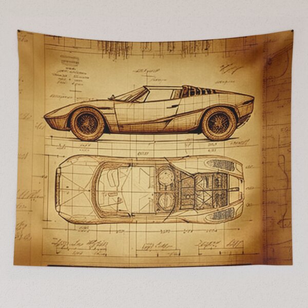 Item preview, Cabriolet two-seater fast sports car technical drawing with measurements and calculations in Leonardo da Vinci style designed and sold by ArtifactVault.