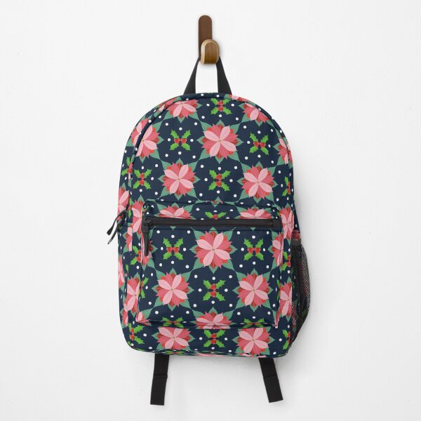 Item preview, Poinsettias and Holly leaves and berries on a navy background. designed and sold by MarcyBrennanArt.