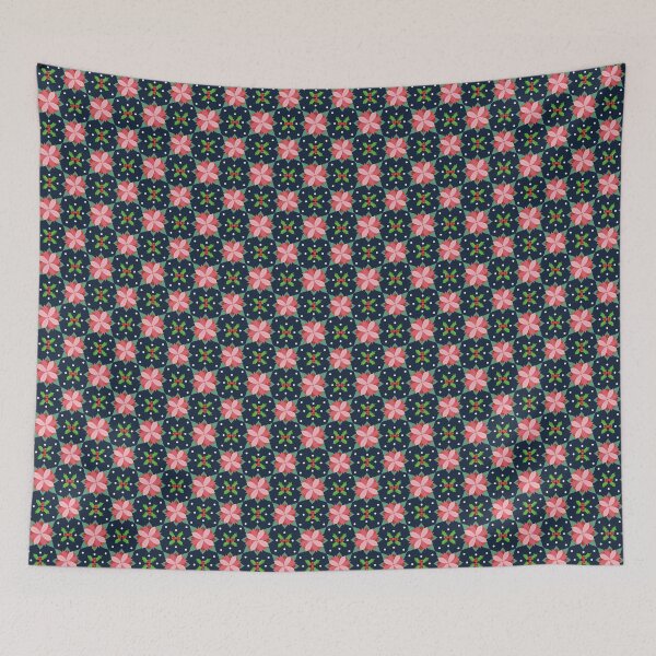 Item preview, Poinsettias and Holly leaves and berries on a navy background. designed and sold by MarcyBrennanArt.