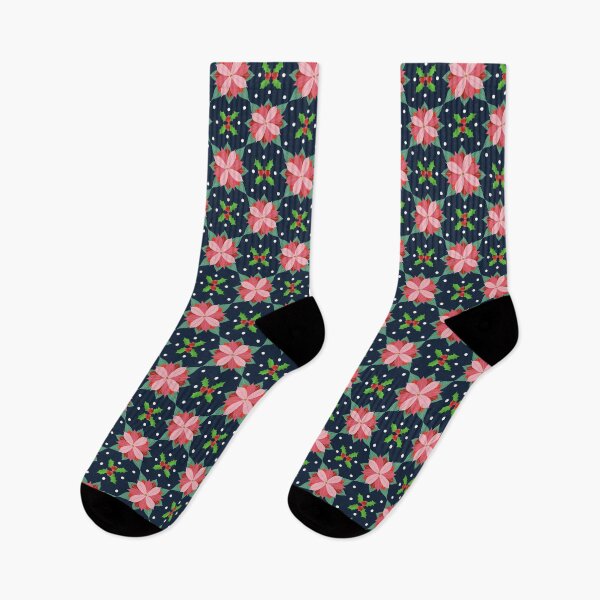Item preview, Poinsettias and Holly leaves and berries on a navy background. designed and sold by MarcyBrennanArt.