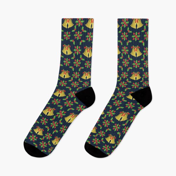 Item preview, Christmas bells and Holly on navy background designed and sold by MarcyBrennanArt.