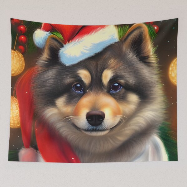 Item preview, Christmas Finnish Lapphund Wearing A Santa Hat designed and sold by ZenEverAI.